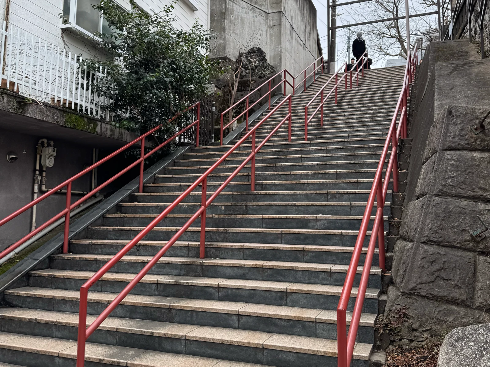 A broad outdoor staircase with red handrails.